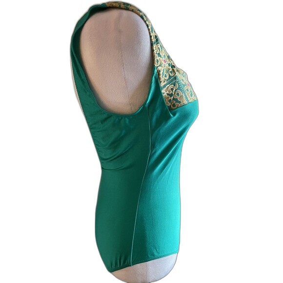 Vintage Gottex Swimsuit Green Gold Baroque Print Scoop Back 12 - Picture 7 of 15